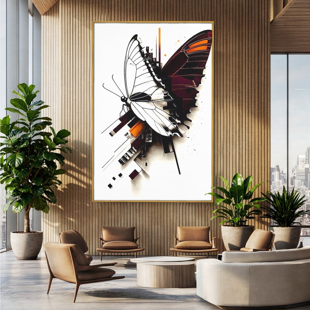 Tablou canvas cu ilustratie digitala cu fluture si linii geometrice, in rama de aluminiu auriu, pe perete intr-un birou